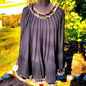 Ming Wang Faux Fur Trim Knit Cape - Sz - Large